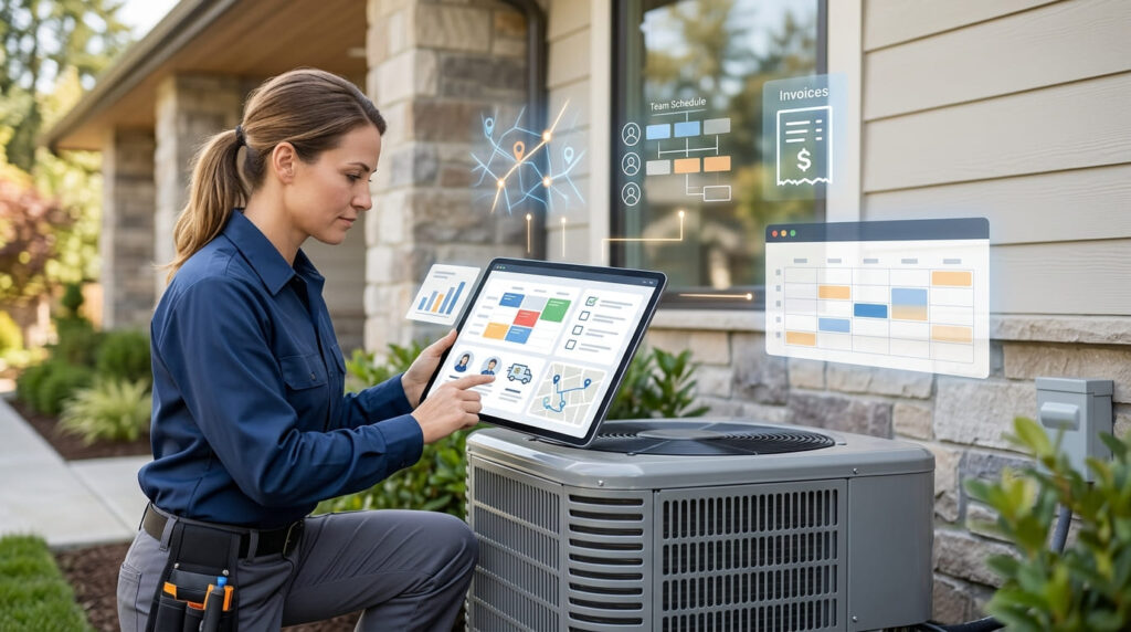 HVAC technician using business management software on a tablet